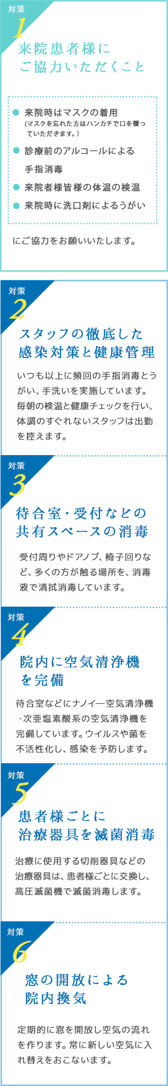 スタッフの徹底した感染対策と健康管理、待合室・受付などの共有スペースの消毒、院内に空気清浄機を完備、患者様ごとに治療器具を滅菌、消毒窓の開放による院内換気